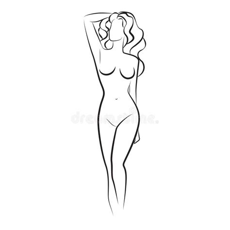 Silhouette Of Standing Beautiful Nude Woman With Long Wavy Hair Stock Illustration