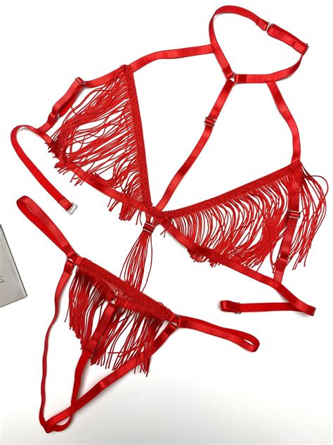 Red Open Lingerie With Fringe Erotic Cupless Lingerie See Through Lingerie Strappy