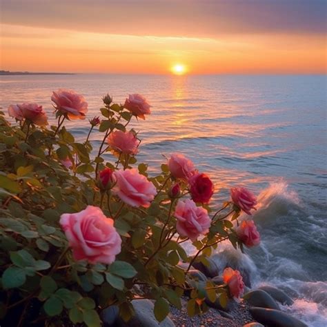 Premium AI Image A Sunset With Pink Roses In The Foreground