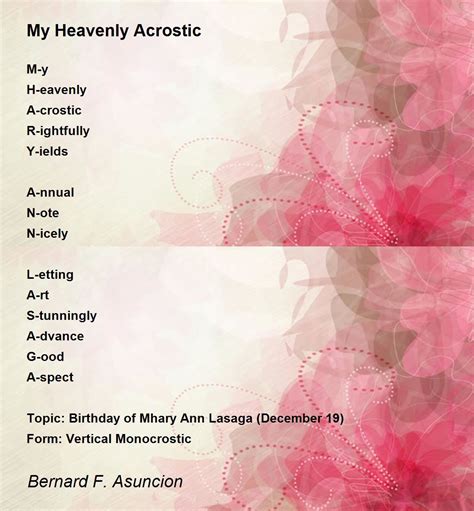 My Heavenly Acrostic My Heavenly Acrostic Poem By Bernard F Asuncion