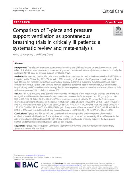 (PDF) Comparison of T-piece and pressure support ventilation as spontaneous breathing trials in ...