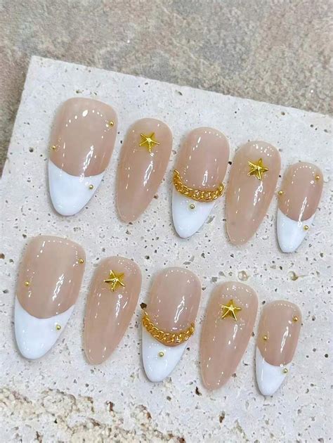 Pcs Nude White Edge French Hand Press On Nails Simple Gold Chain