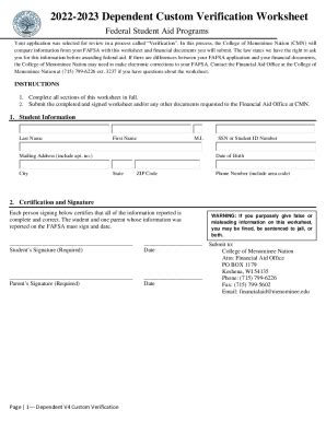 Fillable Online Dependent Custom Verification Worksheet Fax