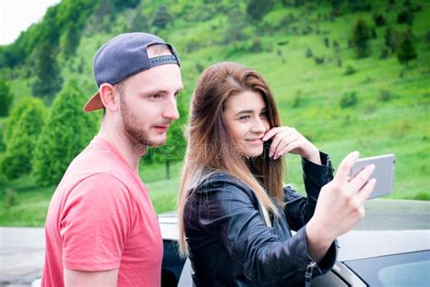 Young Couple Traveling In A Nature Happy People Travel Lifestyle Stock Image Image Of