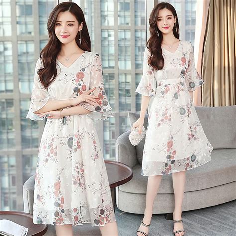 Plus Size Summer Floral Chiffon White Boho Dress 2019 Korean Elegant