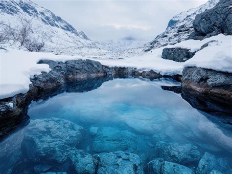 Serene Winter Landscape With Frozen Lake And Snowy Mountains Premium