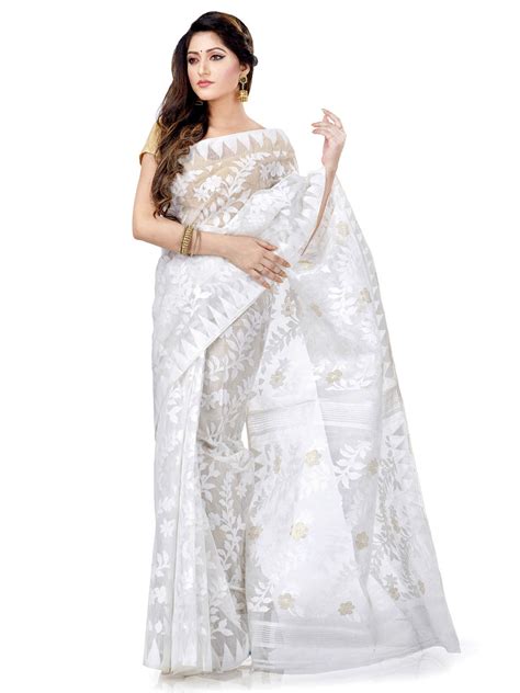 White Resham Dhakai Jamdani Cotton Saree Whole Body Design Buy Online