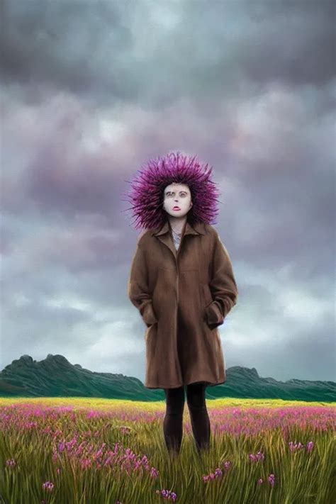 Krea Portrait Enormous Thistle Flower Head A Girl Wearing Coat In