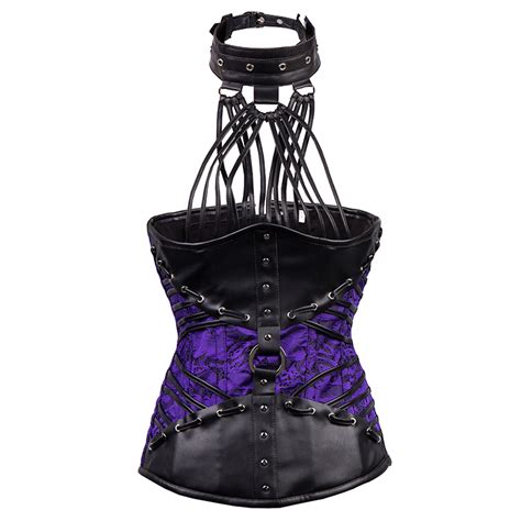 Steampunk Halterneck Brocade Faux Leather Steel Boned Underbust Corset