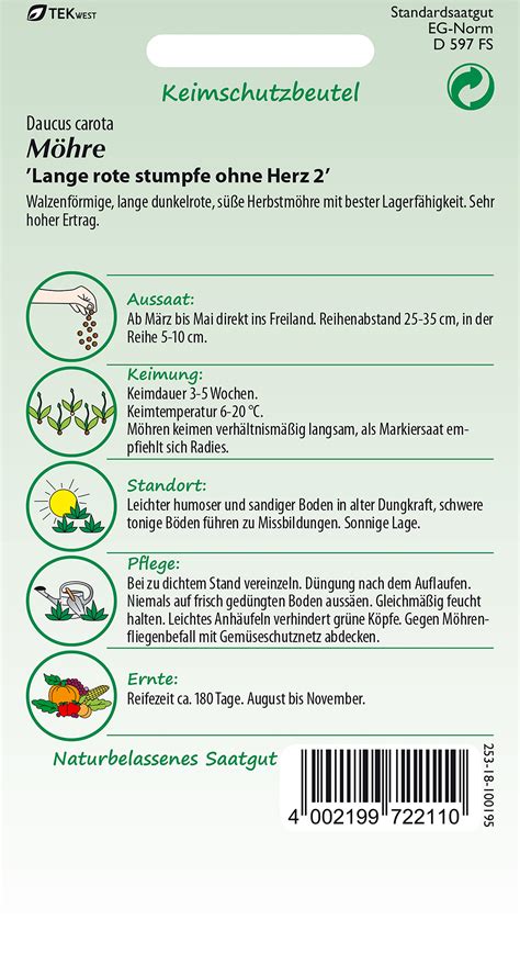 Möhre Lange Rote Stumpfe ohne Herz Möhrensamen von Samen Pfann
