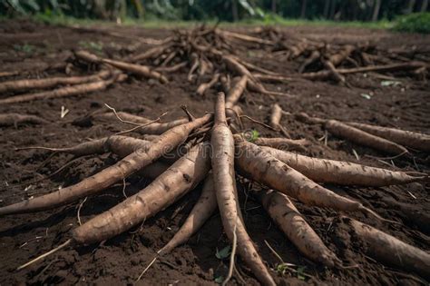 Close Up Image Of A Bunch Of Cassava On The Ground Farmers Harvest Cassava Plants In Rice