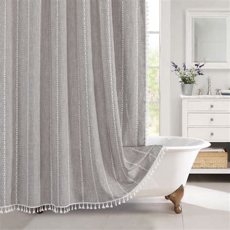 Mitovilla Grey Farmhouse Fabric Shower Curtain Set Boho Modern Cotton Linen Shower Curtains For