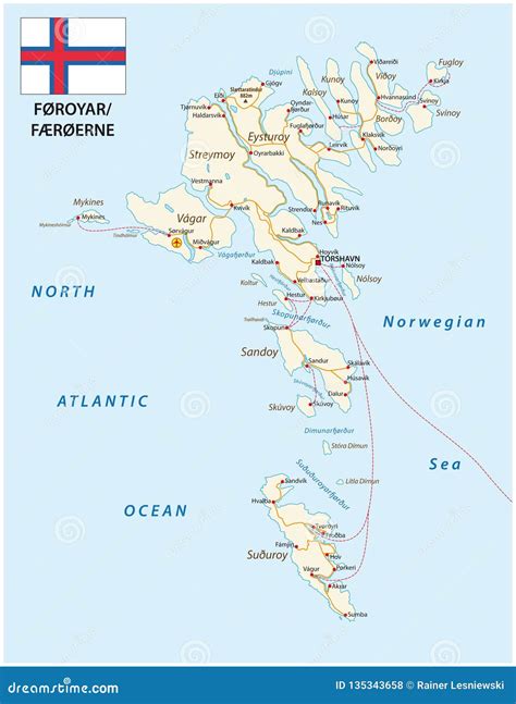 Road Map Of The Faroe Islands North Atlantic Archipelago With Flag