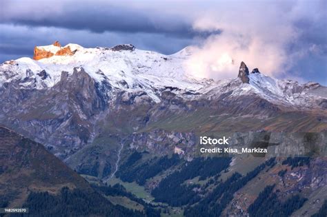 Panoramic View Of Swiss Alps Sunset Switzerland Stock Photo - Download ...