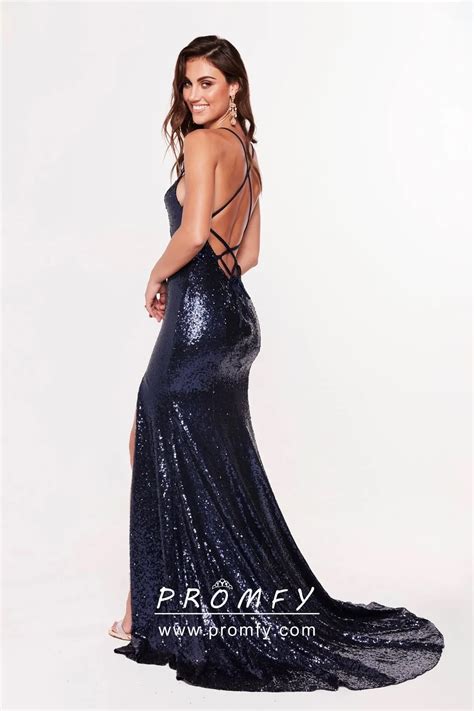 Navy Sequin V Neck Spaghetti Straps Slit Prom Dress Promfy