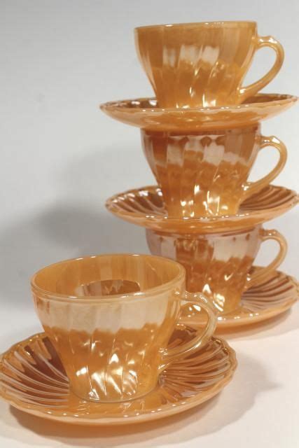 Complete Set Vintage Anchor Hocking Fire King Swirl Glass Dishes Peach Luster Copper Tint