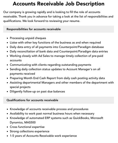 Accounts Receivable Job Description Velvet Jobs