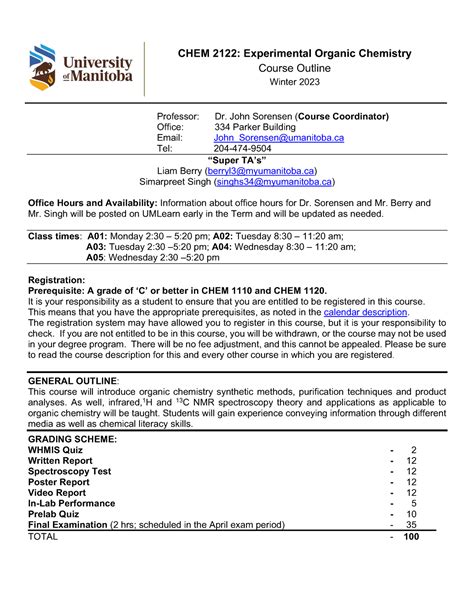 Chem 2122 Winter Outline Chem 2122 Experimental Organic Chemistry