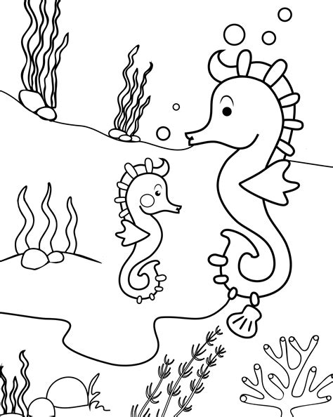 Two seahorses underwater coloring page - free and printable
