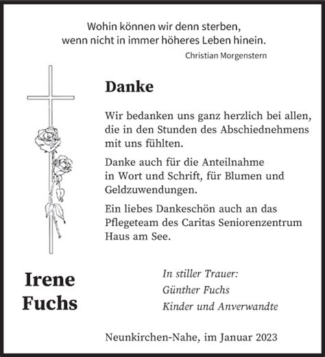 Traueranzeigen Von Irene Fuchs Saarbruecker Zeitung Trauer De