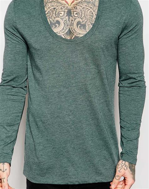 Asos Longline Long Sleeve T Shirt With Deep Scoop Neck In Green For Men Lyst