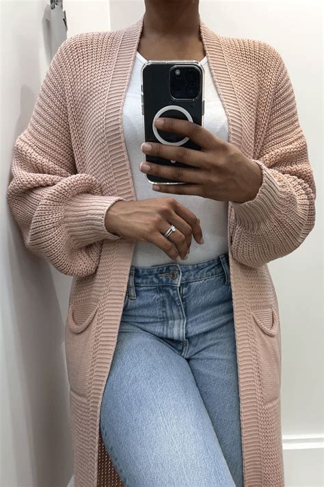 Pink Long Cardigan With Chunky Knit Puff Sleeves