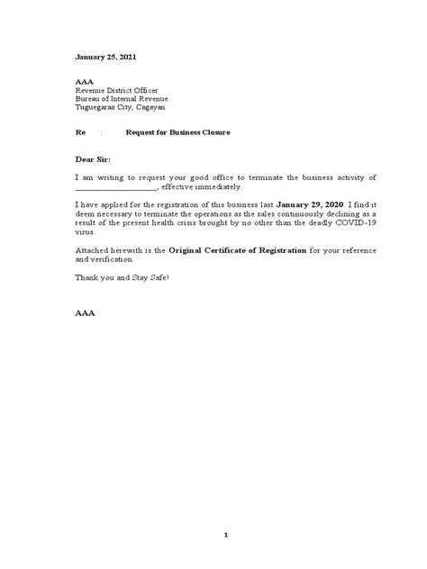 Letter For Bir Closure Pdf