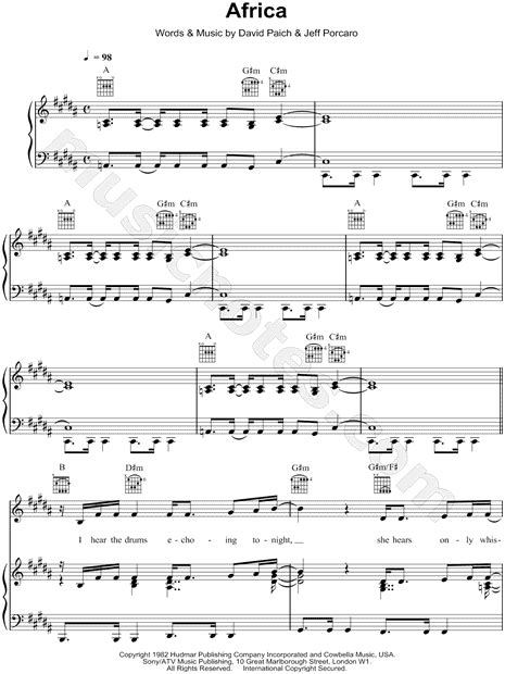 Toto Africa Sheet Music In B Major Transposable Download And Print