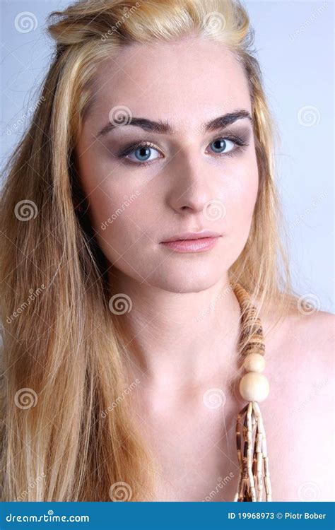 Portrait Of Pretty Blond Girl Wearing Wooden Beads Stock Image Image