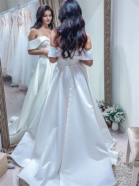 Simple Off The Shoulder Satin Wedding Dress With Slit Comelyme