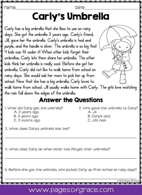 Reading Comprehension Worksheets Grade Free Printable Four