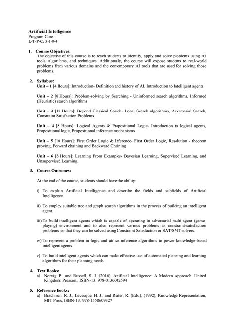 AI Course Syllabus - Artificial Intelligence Program Core L-T-P-C: 3-1 ...