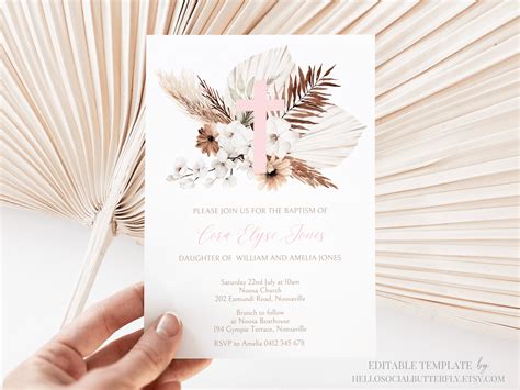 Editable Pampas Grass Baptism Invitation Girl Boho Pampas Baptism Invite Bohemian Baptism Thank