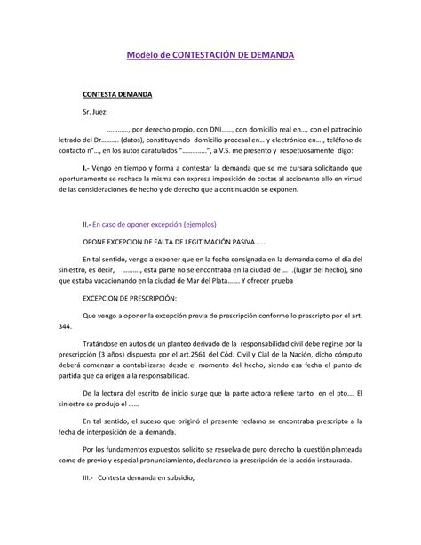 Contestacion De Demanda Modelo De ContestaciÓn De Demanda Contesta