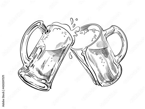 Black And White Sketch Of Two Toasting Beer Mugs Cheers Hand Drawn Vector Illustration