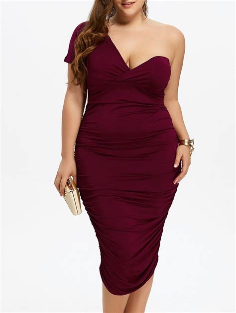 Plus Size Ruched One Shoulder Bodycon Dress Fashion Plus Size