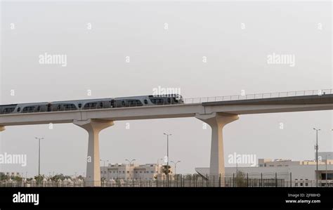 Doha, Qatar- June 06,2022 :Qatar red line metro traveling through the ...