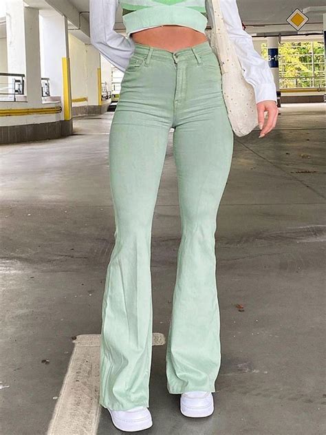 Emmiol Free Shipping 2024 Green Washed Mid Waist Flare Jeans Green S In