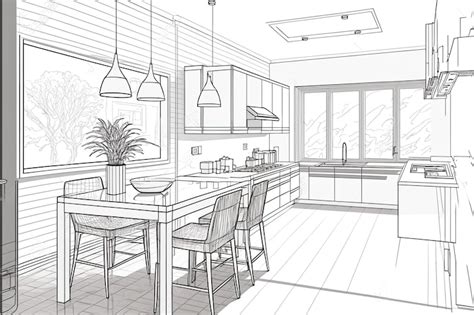 Premium Photo | Interior in linear sketch form Drawing of a dining room ...