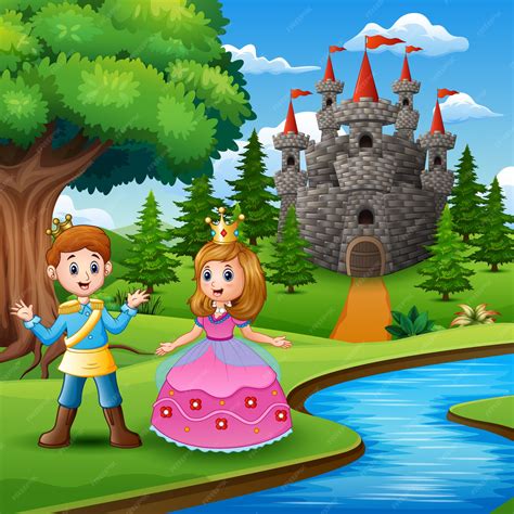 Conto de fadas da bela princesa e príncipe na beira do rio | Vetor Premium
