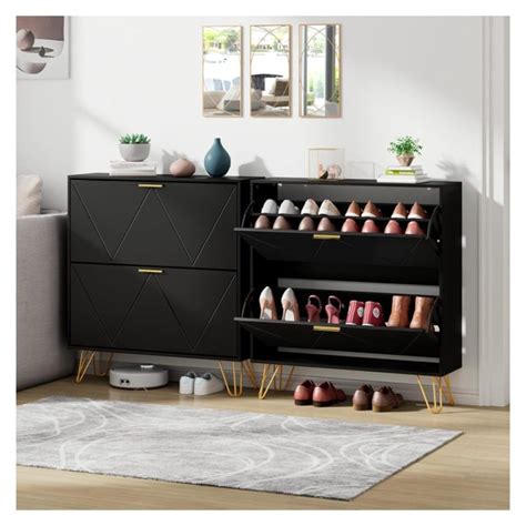 Superwum Shoe Cabinet for Entryway Slim Set of 2, Black Shoe Cabinet ...