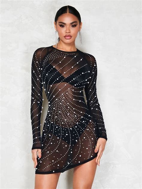 Shein Bae Pearls Beaded Rhinestone Detail Sheer Mesh Dress Without Lingerie Shein Usa