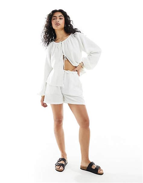 Iisla And Bird Draw String Beach Short Co Ord In White Asos