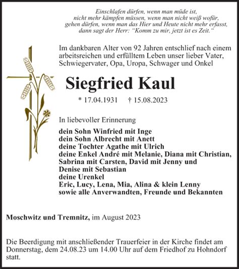 Traueranzeigen Von Siegfried Kaul Trauer In Thueringen De