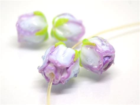 Lavender White Rosebud Beads Purple Flower Lampwork Glass Etsy