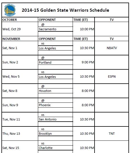 2014-15 Golden State Warriors Schedule - PrinterFriendly