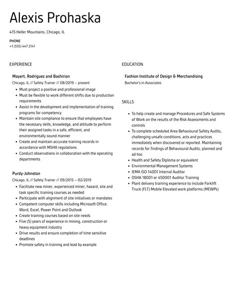 Safety Trainer Resume Samples Velvet Jobs