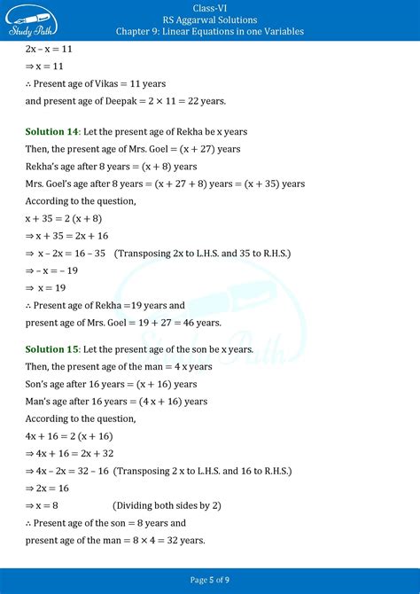 RS Aggarwal Class 6 Solutions Exercise 9C Chapter 9 Linear Equations In