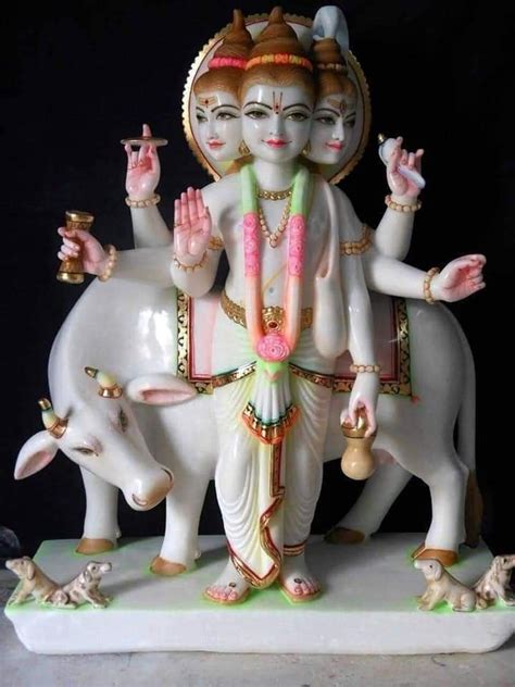 White Painted Marble God Dattatreya Statue For Worship Size 18 Inch