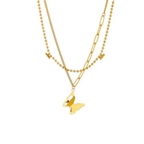 Butterfly Titanium Steel Plating K Gold Plated Double Layer Necklaces